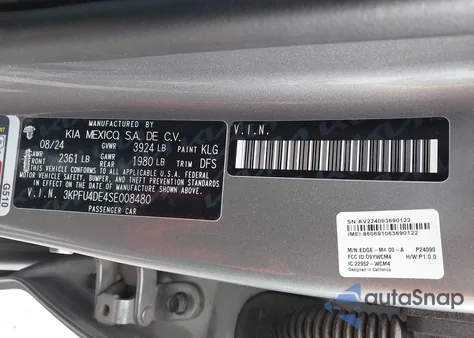 2025 Kia K4 Ex из США, поврежденный, VIN 3KPFU4DE4SE008480